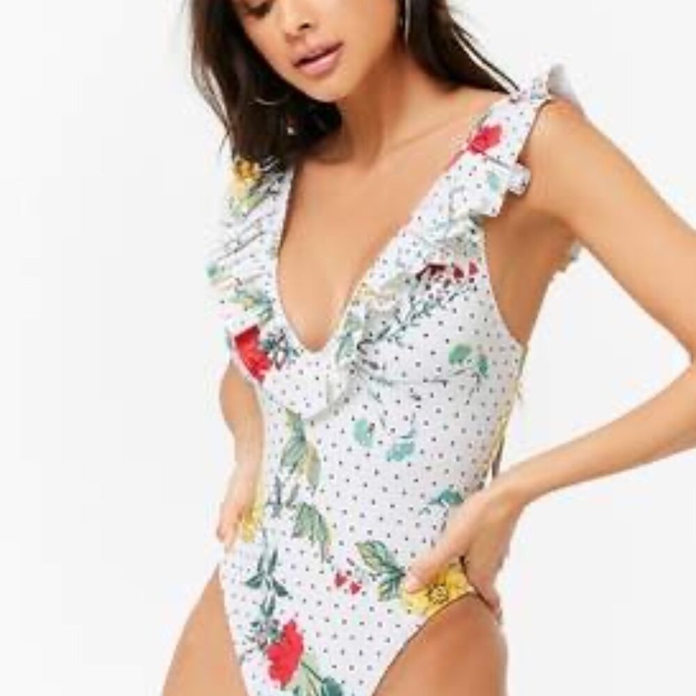 Forever 21 Sz S Vintage Y2K Deep-V Floral Ruffle One Piece Bathing Suit